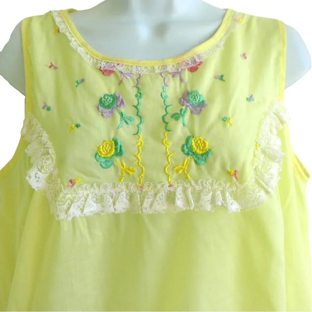Vintage MCM By Beverly Yellow Nightgown Floral Embroidery Ruffled Lace Bib Trim - Picture 1 of 5
